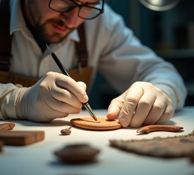 Artifact restoration specialist performing conservation work on ancient artifacts