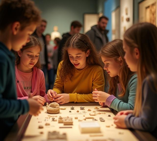 Students participating in interactive museum education program learning about archaeology
